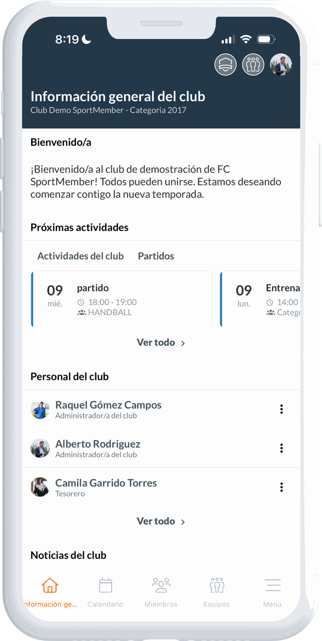 La información general del club en la app de SportMember
